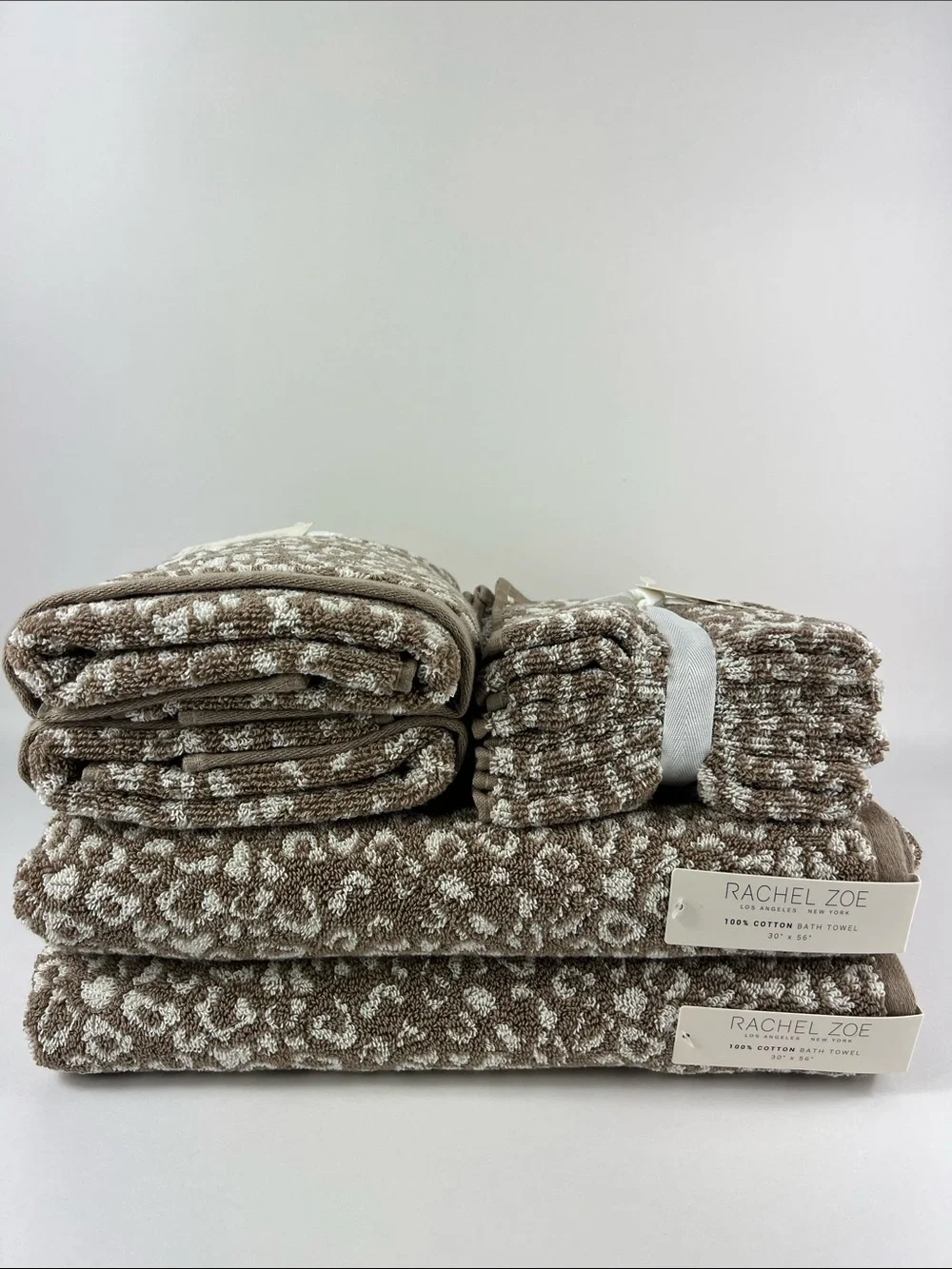 Rachel Zoe Bath Towels Tan Cream Leopard Animal Print 100% Cotton 8 Pc NEW